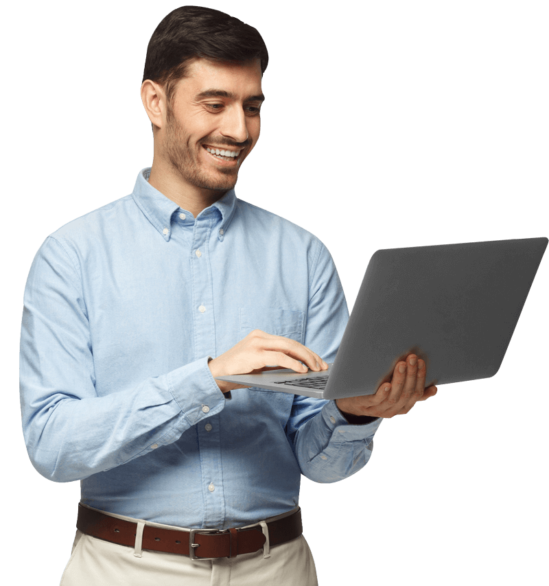 Smiling professional holding a laptop